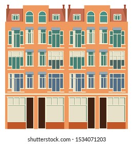 Traditional architecture of Netherlands. Historic buildings city town, Amsterdam panorama, Holland. Flat design. Vector illustration, EPS 10.