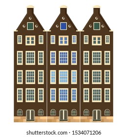 Traditional architecture of Netherlands. Historic buildings city town, Amsterdam panorama, Holland. Flat design. Vector illustration, EPS 10.