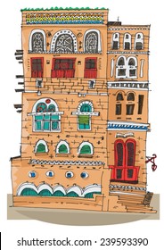 Traditional architecture in Sana'a, Yemen - cartoon