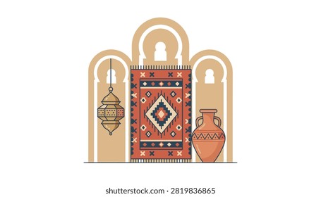 Traditional archway setup with a decorative rug and a hanging metal lantern next to an ancient pottery vessel.