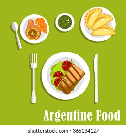 Traditional argentine cuisine flat icons with asado, served with grilled beef steak and tomatoes on lettuce, empanadas, dulce de leche milk candy with fresh oranges and cup of mate tea