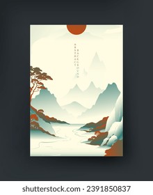 Traditional art combined with modern minimalism. River landscape on the background of mountains