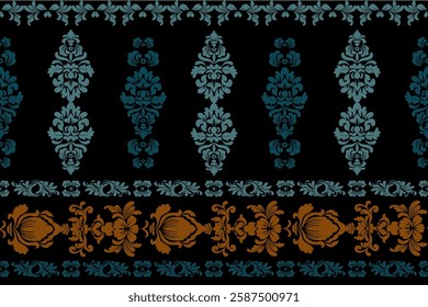 traditional art, Damask Pattern - Blue and Gold on Black. A decorative damask border pattern featuring intricate blue and gold floral elements on a black background, ideal for textiles and wallpaper.