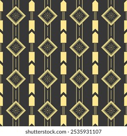 Traditional art deco style seamless geometric vector fall ethnic pattern in black and golden yellow design for wallpaper, background image, tile, fabric pattern.