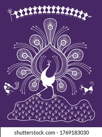Traditional art form of warli showing dancing peacock