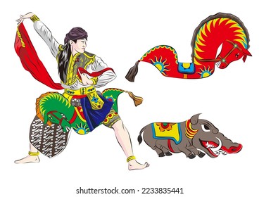Traditional Art of Horse Jaranan Lumping Reog Dance Ponorogo East Java Indonesia.Vector art