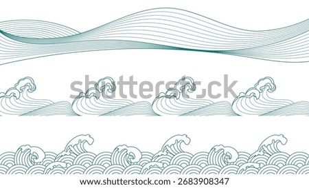 Traditional Asia line wave patterns with flowing ocean motifs and decorative borders for Japanese or Chinese designs. Teal curves with foam details. Oriental frames for textile or cultural artwork.