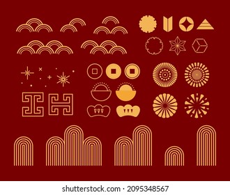 Traditional Asian abstract geometric design elements collection, gold on red. Vector illustration. Concept, clipart for Chinese Lunar New Year, Mid Autumn Festival, CNY card, banner, poster, decor.