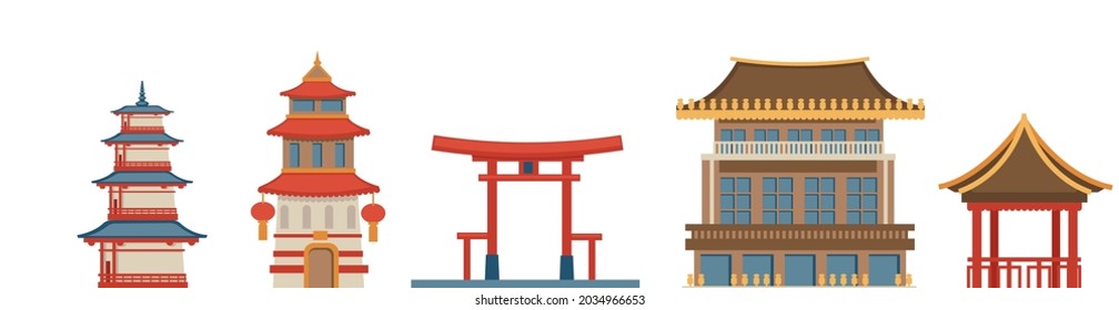 Traditional asian architecture and exteriors, Japanese and Chinese cultural heritage tradition of building and adornment of facades. Tourism and culture of oriental countries. Vector in flat style