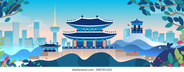Traditional Asian architecture modern cityscape background skyline nature elements