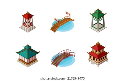 Traditional asian architecture objects set. Chinese and Japan buildings, bridges, towers vector illustration