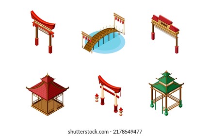 Conjunto de objetos arquitectónicos asiáticos tradicionales. Construcción china y japonesa, torres, puentes, portones ilustrativos vectoriales