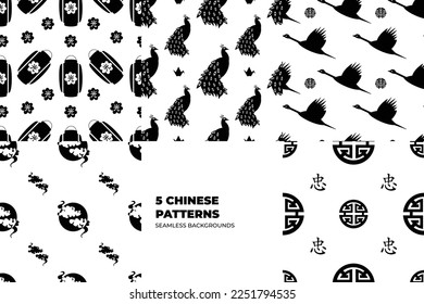 Traditional Asian artistic pattern set. Oriental style Feng Shui doodles. Design concept for new year, mid autumn card, poster, and cloth designs. Stylish hand drawn fabric texture set.