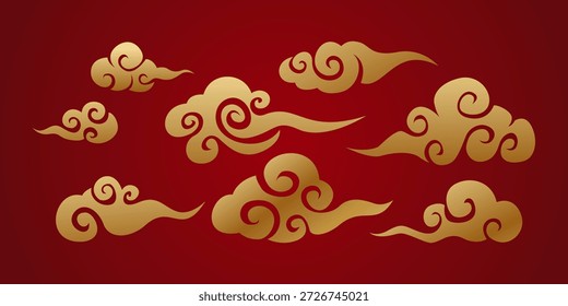 Patrón de nube auspicioso asiático tradicional fijado en oro sobre fondo rojo, ilustración decorativa oriental del estilo del Vector del motivo de la nube para el año Nuevo lunar, festival, mitología, Feng Shui, Fondo de pantalla, materia textil, empaquetado y diseño del fondo