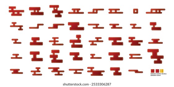 Nuvens Asiáticas tradicionais auspiciosas em vermelho e ouro e design plano de estilo geométrico. Nuvens vermelhas estilo asiático com contorno dourado. Cor editável e traçados de linha, isolados no plano de fundo branco. Vetor.