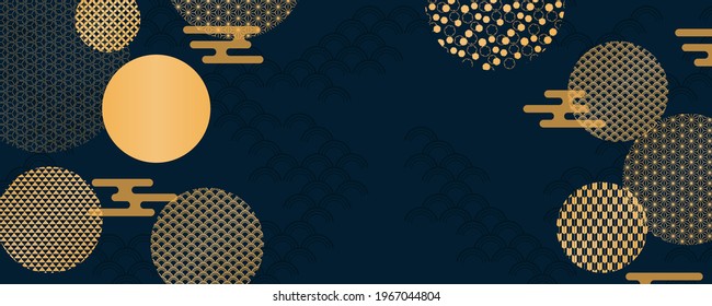 Traditional Asian background, eastern patterns elements, clouds, gold on blue, copy space. Oriental style vector illustration. Design concept for Chinese New Year, Mid Autumn Festival poster, banner.