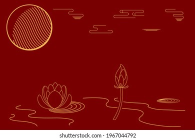 Traditional Asian background, lotus flowers, clouds, gold on red, copy space. Oriental, eastern style vector illustration. Design concept for Chinese New Year, Mid Autumn Festival card, poster, banner