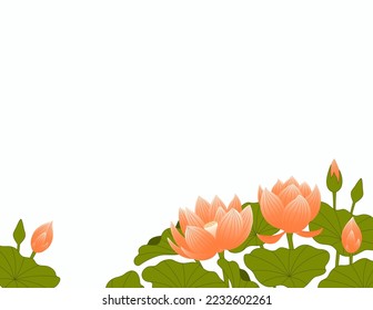 Traditional Asian background with lotus, water lily flowers, leaves, copy space. Oriental, eastern style vector illustration. Design concept for summer, autumn promotion, seasonal sale, advertising.