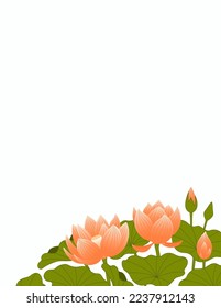 Traditional Asian background with lotus, water lily flowers, leaves, copy space. Oriental, eastern style vector illustration. Design concept for summer, autumn promotion, seasonal sale, advertising.