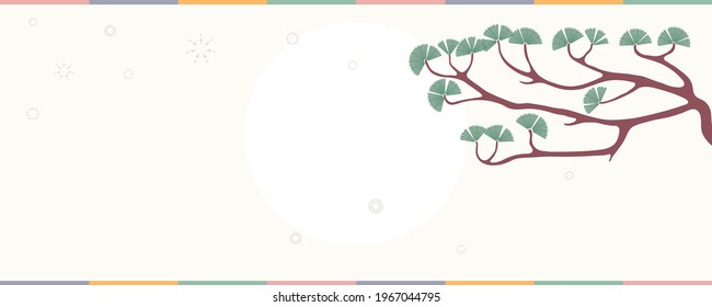 Traditional Asian background, pine tree branch, sun, clouds, copy space. Oriental, eastern style vector illustration. Design concept for Lunar New Year in China, Japan, Korea card, poster, banner.