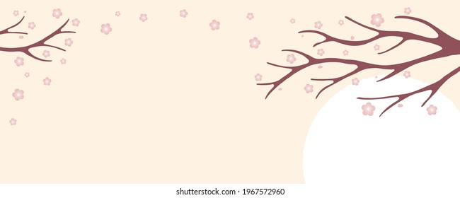 Traditional Asian background, plum tree branch in bloom, sun, copy space. Oriental, eastern style vector illustration. Design concept for Lunar New Year in China, Japan, Korea card, poster, banner.
