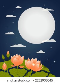 Traditional Asian background, scene with lotus flowers, full moon, stars. Oriental, eastern style vector illustration. Design concept for summer, autumn promotion, seasonal sale, advertising.