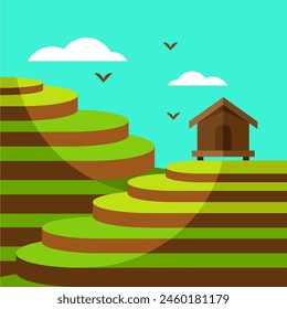 Traditional asian bali island rice terrace agricultural landscape vector illustration