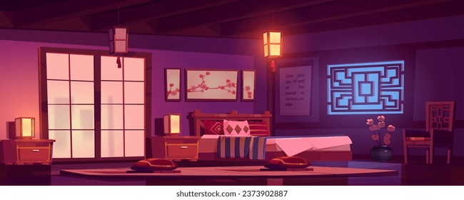 Traditional asian bedroom at night. Vector cartoon illustration of dark room with large bed, paper lantern lights, picture of sakura branch on wall, cushions and orchid on floor, hieroglyphs on poster