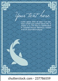 Traditional Asian blue wave pattern and carp design book cover or flier with space for text 