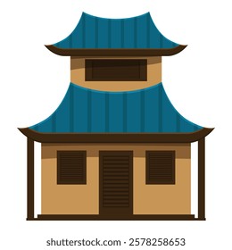 Traditional asian building showcasing a vibrant blue roof and intricate wooden details, evoking a sense of cultural heritage