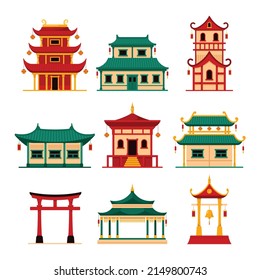 Traditional Asian Buildings Isolated Icons, Travel Destination Landmark of Japan, China or Korea, National Buddhism Architecture, Gate, Mausoleum, Temple with Red Lanterns. Cartoon Vector Illustration