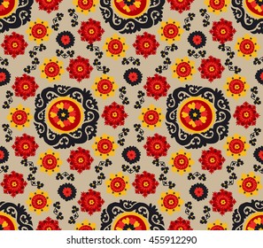 traditional asian carpet embroidery Suzanne. Uzbek ethnic decorative floral motif for rug, fabric, tablecloth on canvas color background