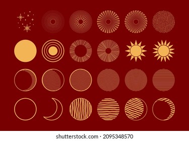 Traditional Asian celestial design elements collection, sun, moon, stars, gold on red. Vector illustration. Concept, clipart Chinese Lunar New Year, Mid Autumn Festival, card, banner, poster, decor.