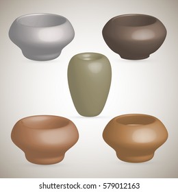 Traditional asian ceramic clay pot in 3D effect vector. Vintage Clay pots used since ancient times on isolation white background. Set of objects to illustrate past life