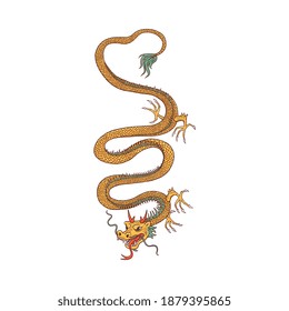 Traditional asian or chinese dragon fantasy mythological creature, cartoon vector illustration isolated on white background. Golden dragon image for print and decoration.