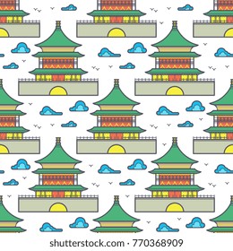 Traditional asian chinese house color seamless pattern. Vector flat illustration