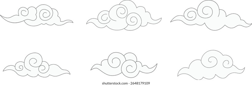 Conjunto de Vector de nube asiático tradicional con estilo de arte de línea giratoria para diseño decorativo, patrones culturales y Elementos de ilustración de Antiguas