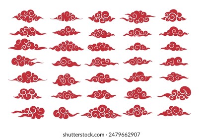 Traditional asian clouds. Flat chinese korean japanese red cloud set. Decorative festival element oriental graphic collection isolated vector illustration