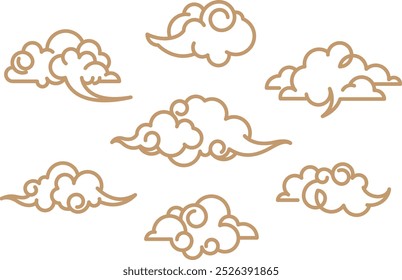 Nubes asiáticas tradicionales. Adornos planos en conjunto de nubes de estilo chino y japonés. Vector decorativo festival elemento oriental signos gráficos y símbolos colección de patrones