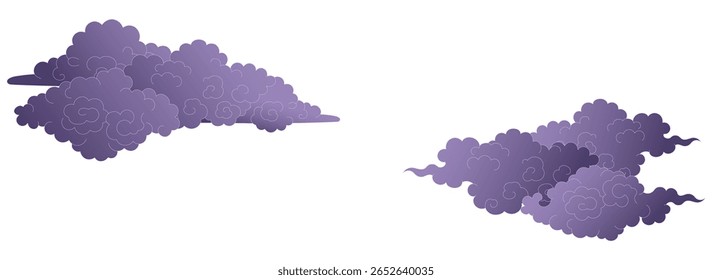 Traditional Asian clouds, line drawing, violet gradient, isolated on transparent. Hand drawn vector illustration. Buddhist thangka art. Chinese, Japanese, Korean design element, clip art, background