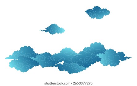 Traditional Asian clouds, line drawing, blue gradient, isolated on transparent. Hand drawn vector illustration. Buddhist thangka art. Chinese, Japanese, Korean design element, clip art, background