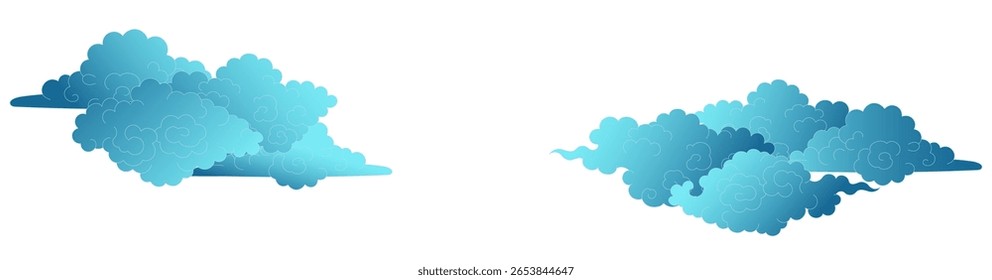 Traditional Asian clouds, line drawing, blue gradient, isolated on transparent. Hand drawn vector illustration. Buddhist thangka art. Chinese, Japanese, Korean design element, clip art, background