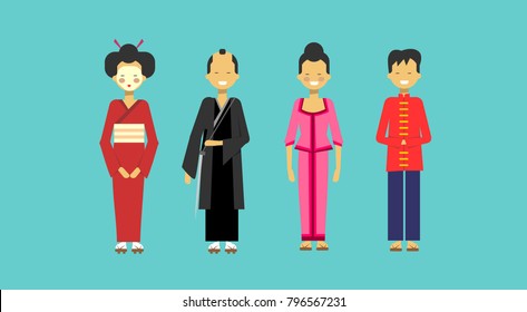 Traditional Asian Costumes Set People Wearing Kimono Chinese And Japanese Clothes Flat Vector Illustration