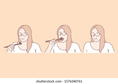 Traditional asian cuisine, seafood restaurant, japanese meal concept. Pretty girl eating sushi, lady enjoying oriental food, young woman holding chopsticks with delicious roll. Simple flat vector