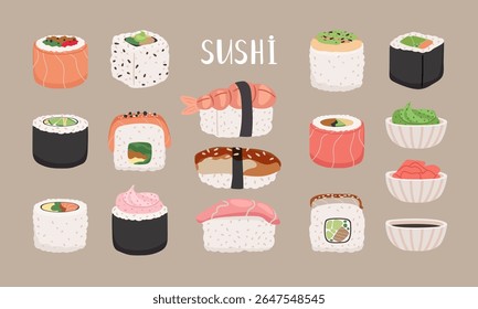 Traditional asian cuisine set with sushi and rolls. Collection of Japanese food vector illustration original artwork
