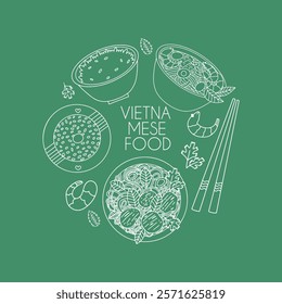 Traditional Asian cuisine. Vietnamese dishes vector doodle illustration. 