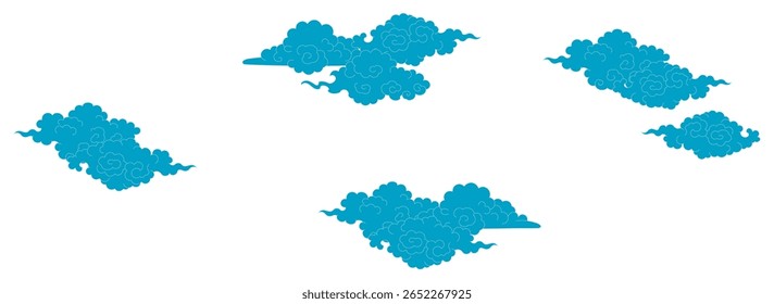 Traditional Asian cumulus clouds, line drawing, blue, isolated on transparent. Hand drawn vector illustration. Buddhist thangka art. Chinese, Japanese, Korean design element, clip art, background