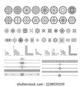 Traditional asian decorations. Korean frame borders, corners and dividers. Geometric stamp ornament, oriental line vector set of traditional frame asian, korean decoration illustration