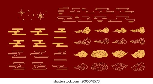 Traditional Asian design elements collection, clouds, stars, gold on red. Vector illustration. Concept, clipart for Chinese Lunar New Year, Mid Autumn Festival, CNY card, banner, poster, decor.