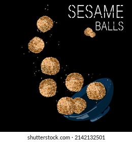 Traditional asian dessert, sesame ball flying from bowl on black background vector illustration.Golden fried balls cartoon realistic drawing.Food illustration